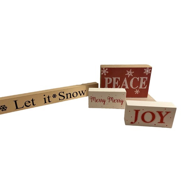 LOT of 4 Christmas Wooden Box Signs Tabletop Decor Wall Art Holiday Hanging Sign - Picture 1 of 6
